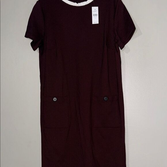 LOFT Burgundy Checked Dress with Ruffled Ivory Collar - Picture 7 of 13